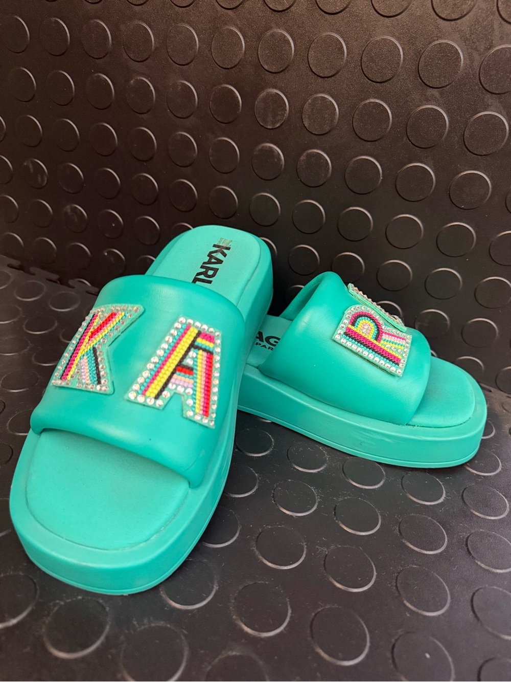 Karl Lagerfeld Turquoise Slide Sandals with Beaded KARL Logo